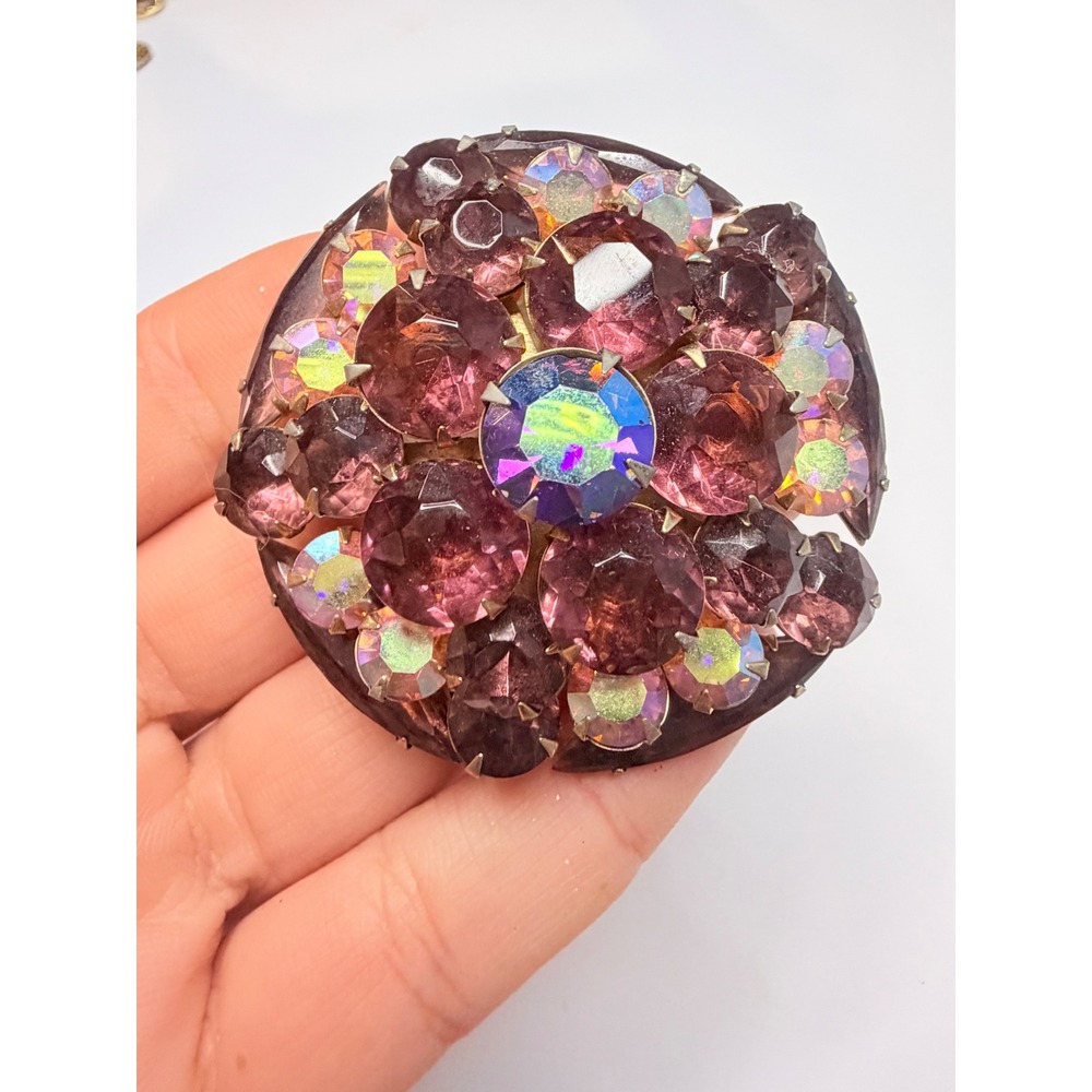 Vintage Pink Rhinestone Aurora Borealis Layered Floral Brooch